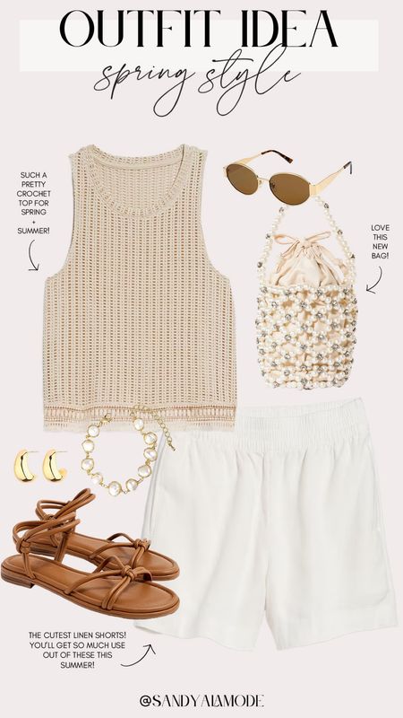 Neutral spring style | neutral summer style | elevated casual spring outfit | crochet sleeveless top | linen shorts | trendy spring style | Target finds | Target new arrivals | Target pearl embellished bucket bag | lace up tan sandals 

#LTKfindsunder100 #LTKstyletip #LTKSeasonal