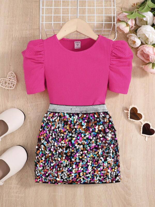 SHEIN Kids Cooltwn Toddler Girls Puff Sleeve Tee & Sequin Skirt | SHEIN