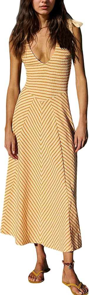 MISSACTIVER Striped Smocked Flowy Midi Dress for Women Summer Sleeveless V Neck Tie Straps Backle... | Amazon (US)
