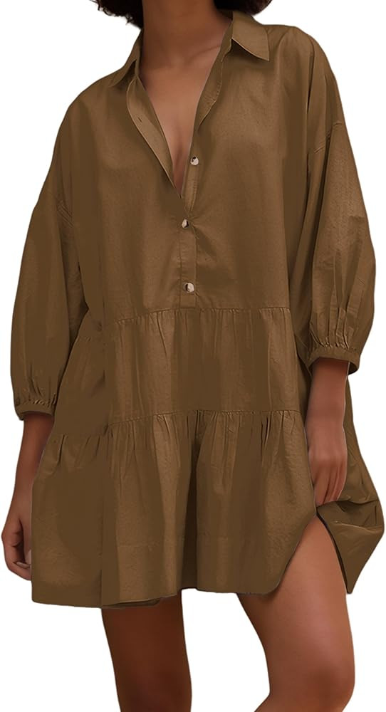 Women Oversized Patchwork Sweatshirt Dresses Button Collared Neck 3/4 Sleeve Loose Pullover Top F... | Amazon (US)