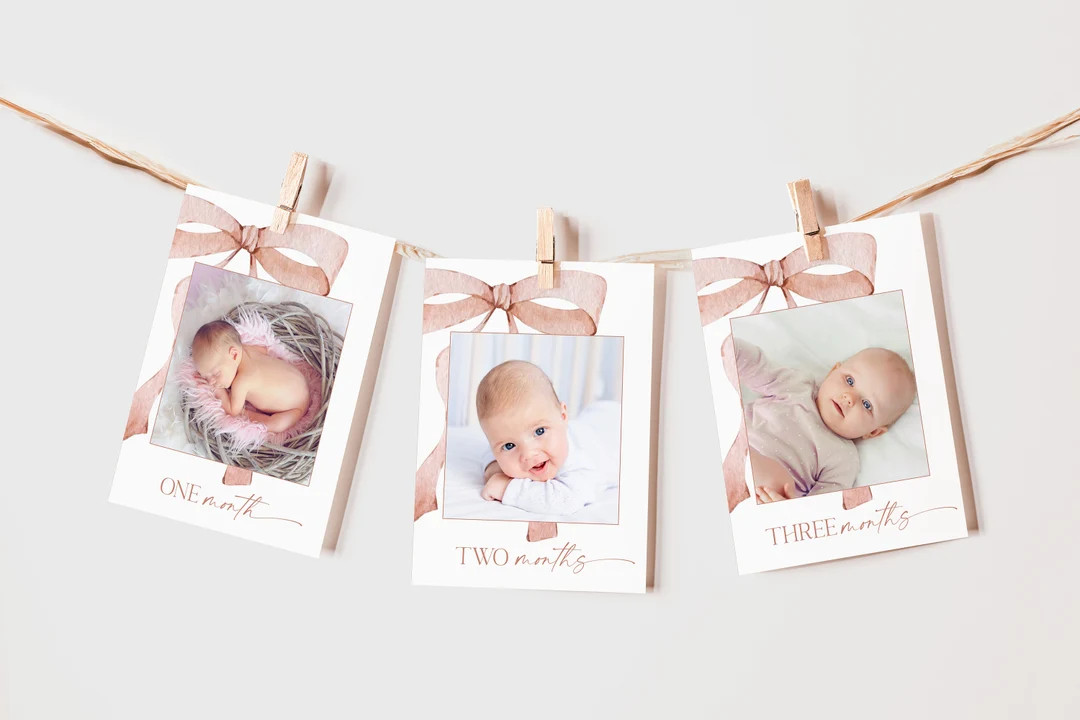 EDITABLE Tan Bow Milestone Banner, 12 Months,  Minimalist Baby Shower Beige Watercolor Ribbon Tan... | Etsy (US)