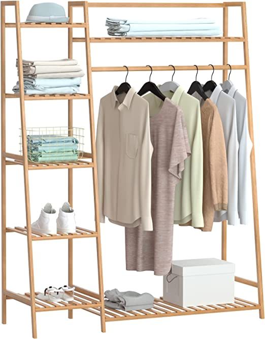 43.5" Bamboo Clothing Garment Rack Free Standing Clothes Coat Hanger Rolling Closet Organizer Sho... | Amazon (US)