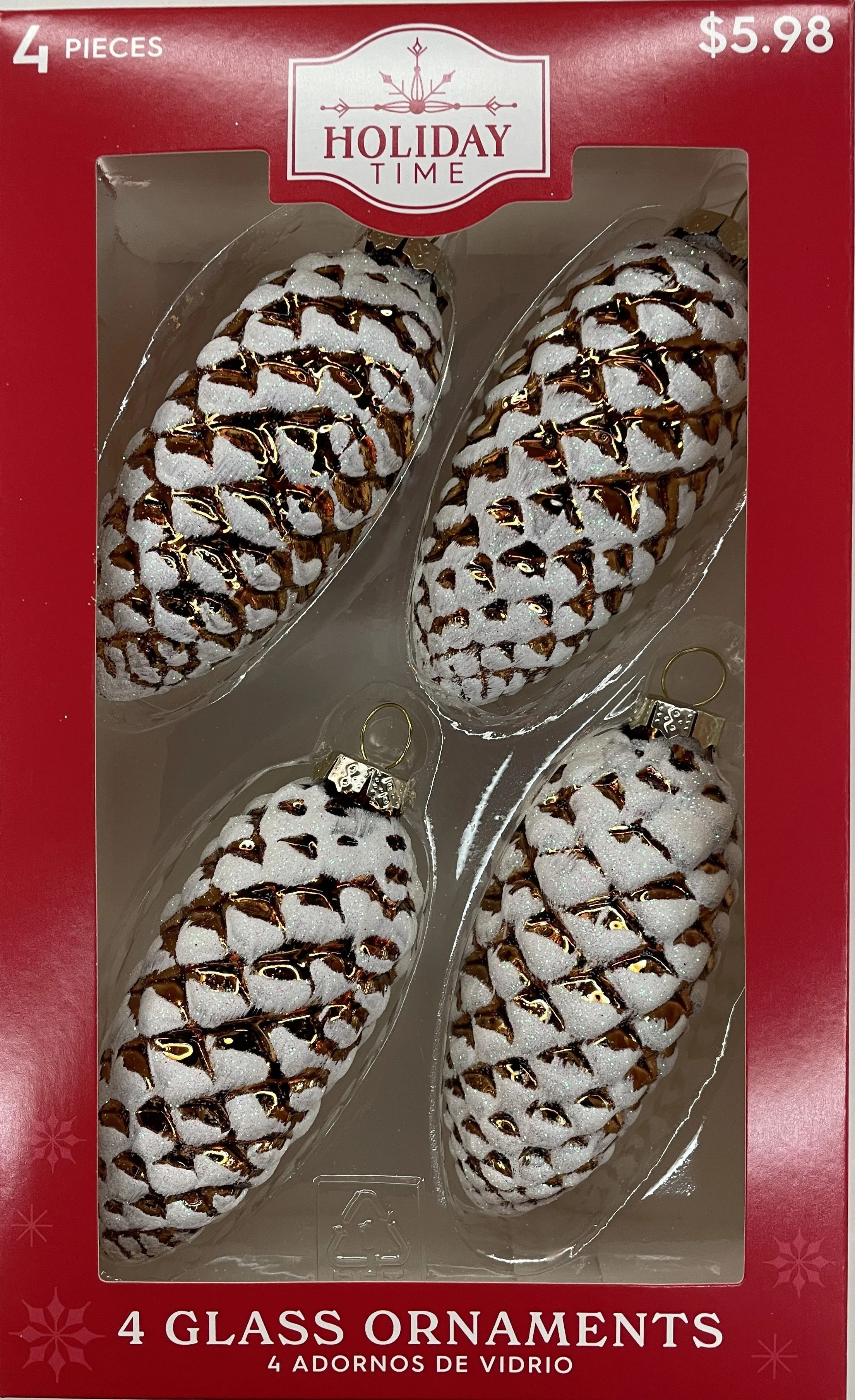 Holiday Time 4 Count Pine Cones Glass Christmas Ornaments, 65mm, Boxed Glass, Copper | Walmart (US)