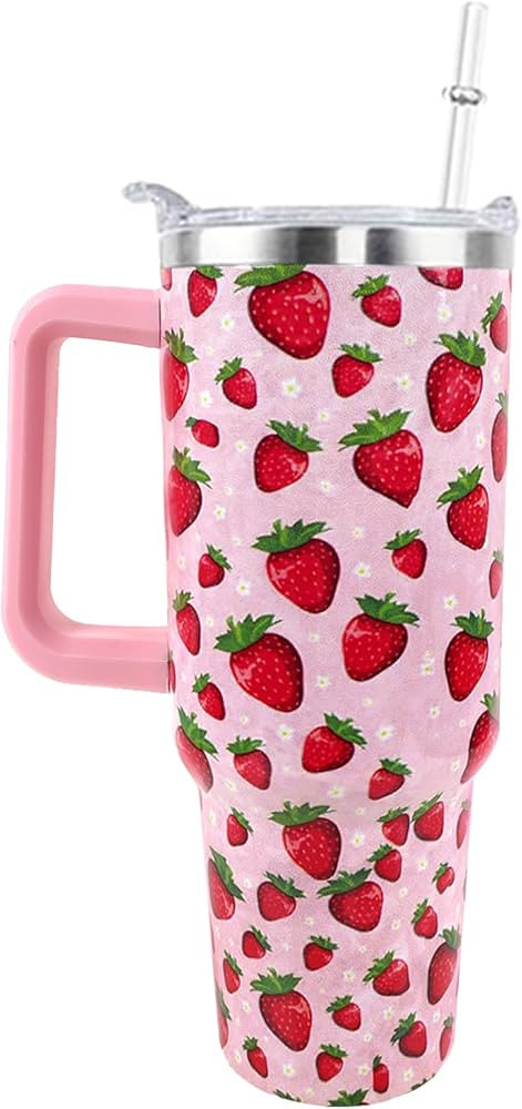 Strawberry Cup 40 OZ Tumbler with Handle and Straw Lid Leak Proof - Strawberry Travel Coffee Mug ... | Amazon (US)