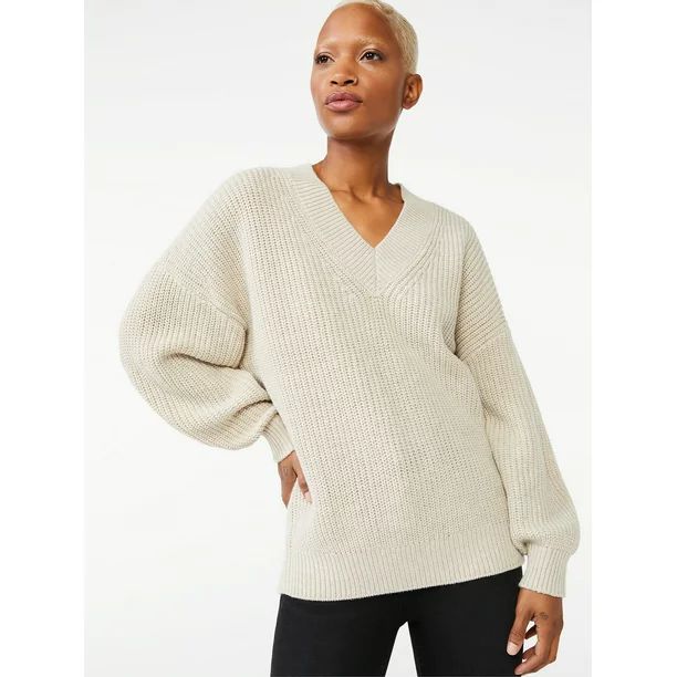 Free Assembly Women's Wide V-Neck Sweater with Long Sleeves | Walmart (US)