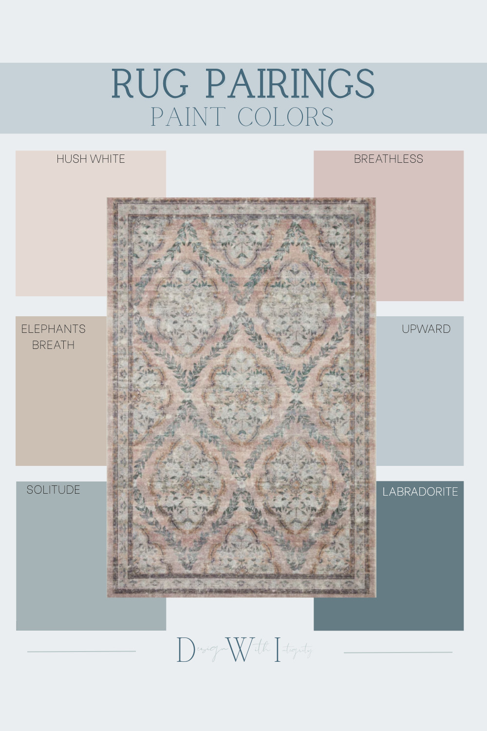 Welcome to another edition of Paint Pairings, where we take the guesswork out of color coordination. This soft, vintage-inspired rug blends blush, sage, and slate tones that pair beautifully with warm neutrals and cool blue-greens. From Hush White to Labradorite, each paint color option creates a different mood—whether you’re designing a serene bedroom retreat or a cozy living space.

This palette is perfect for those who love timeless design with subtle color. Save this post for your next paint project and shop similar rugs through our LTK to bring this look to life.

Which pairing speaks to your style—warm blush tones or soft coastal blues? Tell us below.


#interiordesigninspo #ltkhome #shopltk #shopthepost #homedecorinspo #beautifulhomes #designwithintegrity #interiorstyleguide #moodboardinspiration #paintpairings #rugpairings #colorpaletteinspo #homedesignideas #timelessdesign #cozyhomevibes #neutralhome #affordablehomedecor #interiordesigntips #homestylingideas #interiorinspiration #interiordesigncommunity #classicinteriors #interiordesigntrends #decorinspiration #designseries 

 #LTKHome
