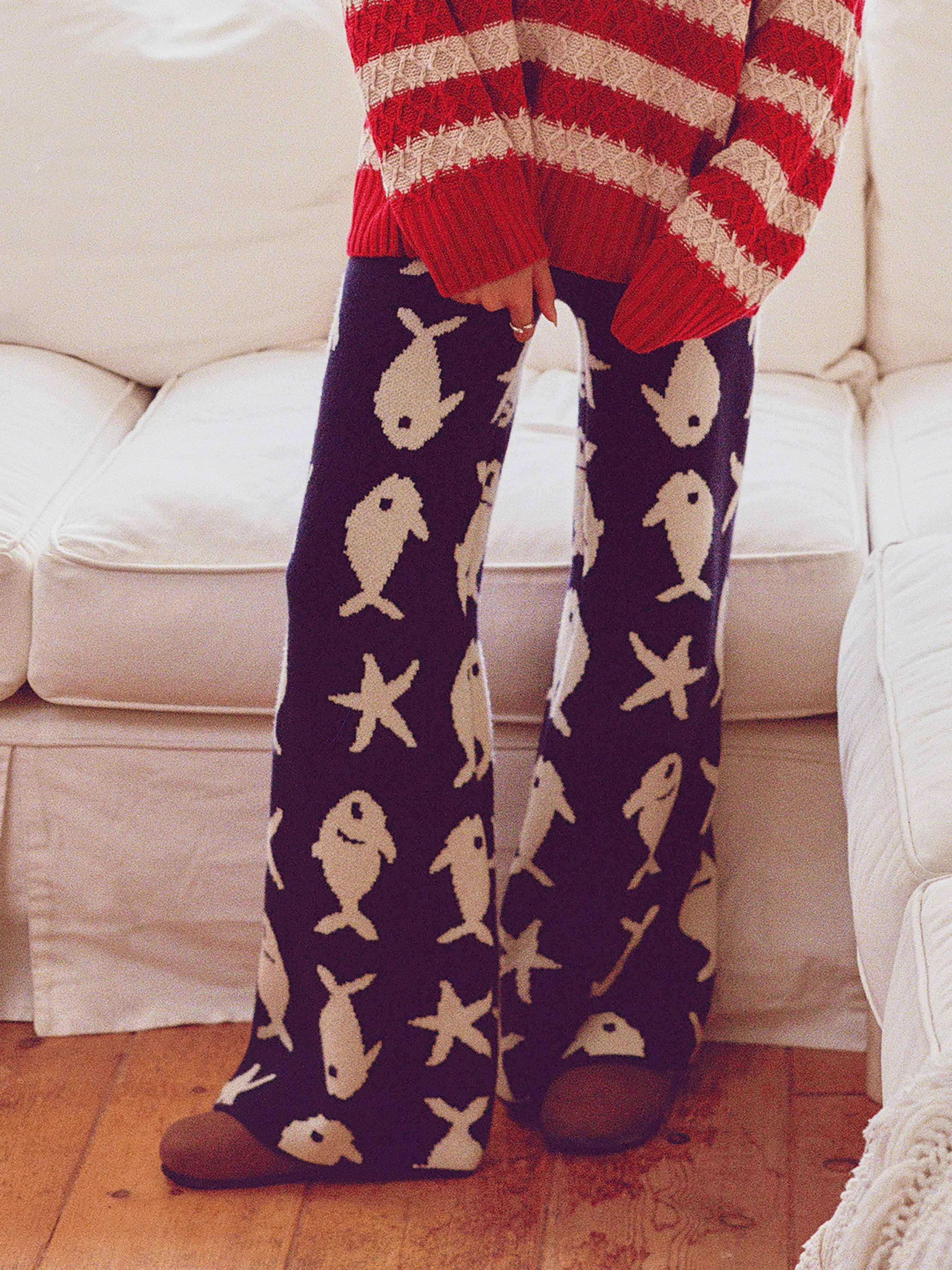 Knit Fabric Knit Fish Pattern Mid Rise Elastic Waist Wide Leg Trousers For Daily Casual | Cider