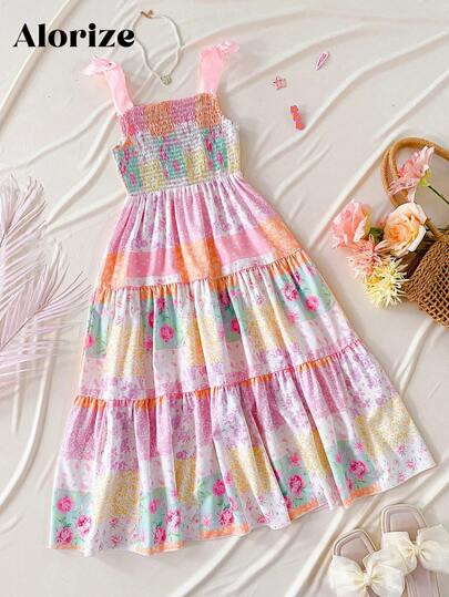 Holiday,Summer,TravelTween Girl Casual Elegant & Cute Ditsy Floral Spaghetti Strap Dress, Bow Decor Square Collar, Suitable For Spring, Summer, Autumn, Outdoor, Vacation, School Young Girl Spring Dress | SHEIN