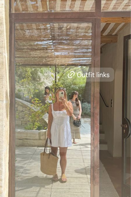 White mini dress, nude platform sandals, sunglasses, gold jewelry 