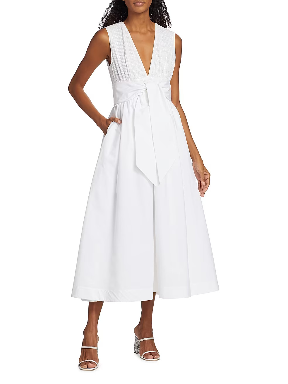 Mixed Media V- Neck Midi-Dress | Saks Fifth Avenue