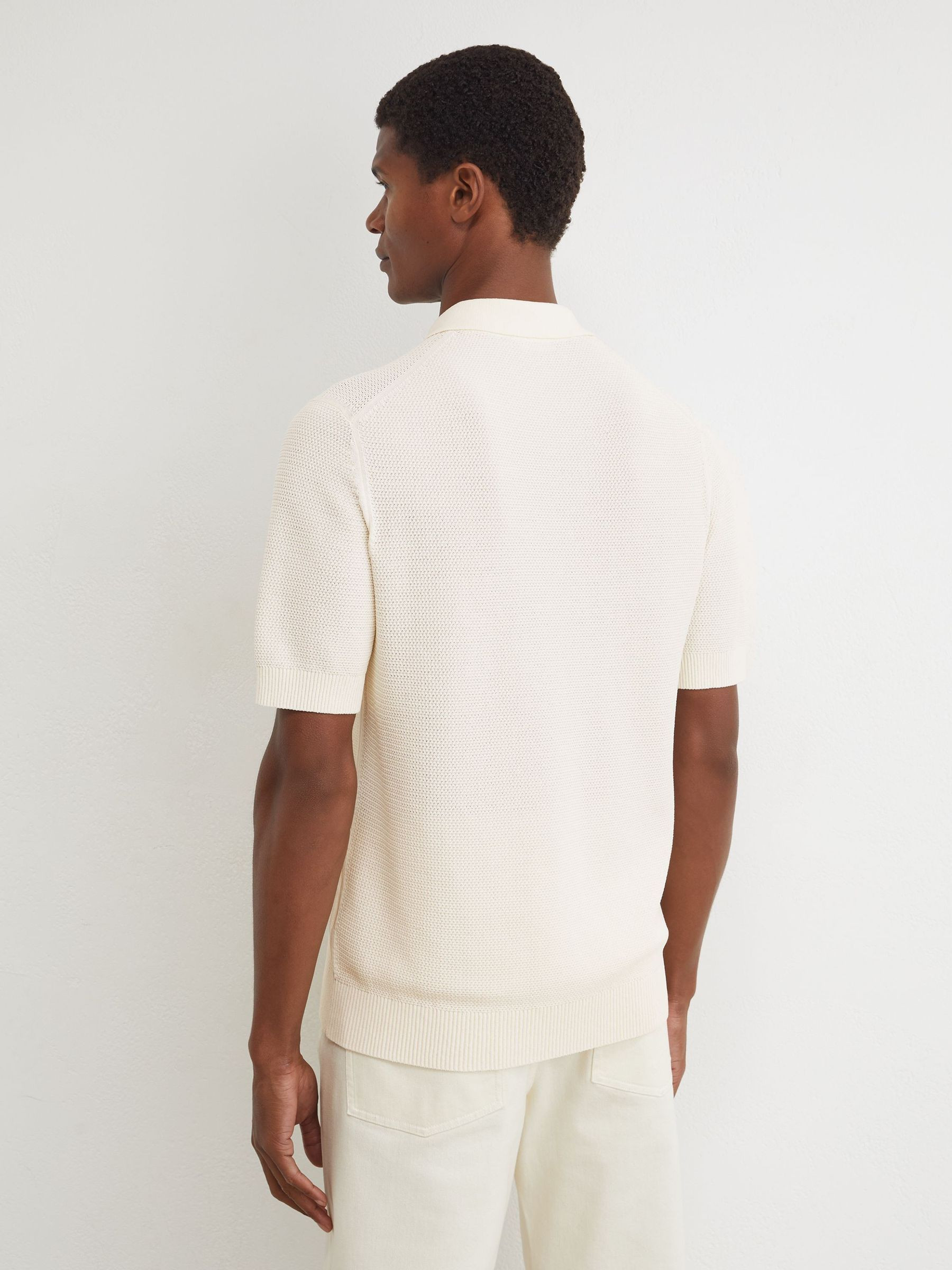 Reiss Cotton-Blend Basket-Stitch Polo Shirt in Ecru | REISS | Reiss US
