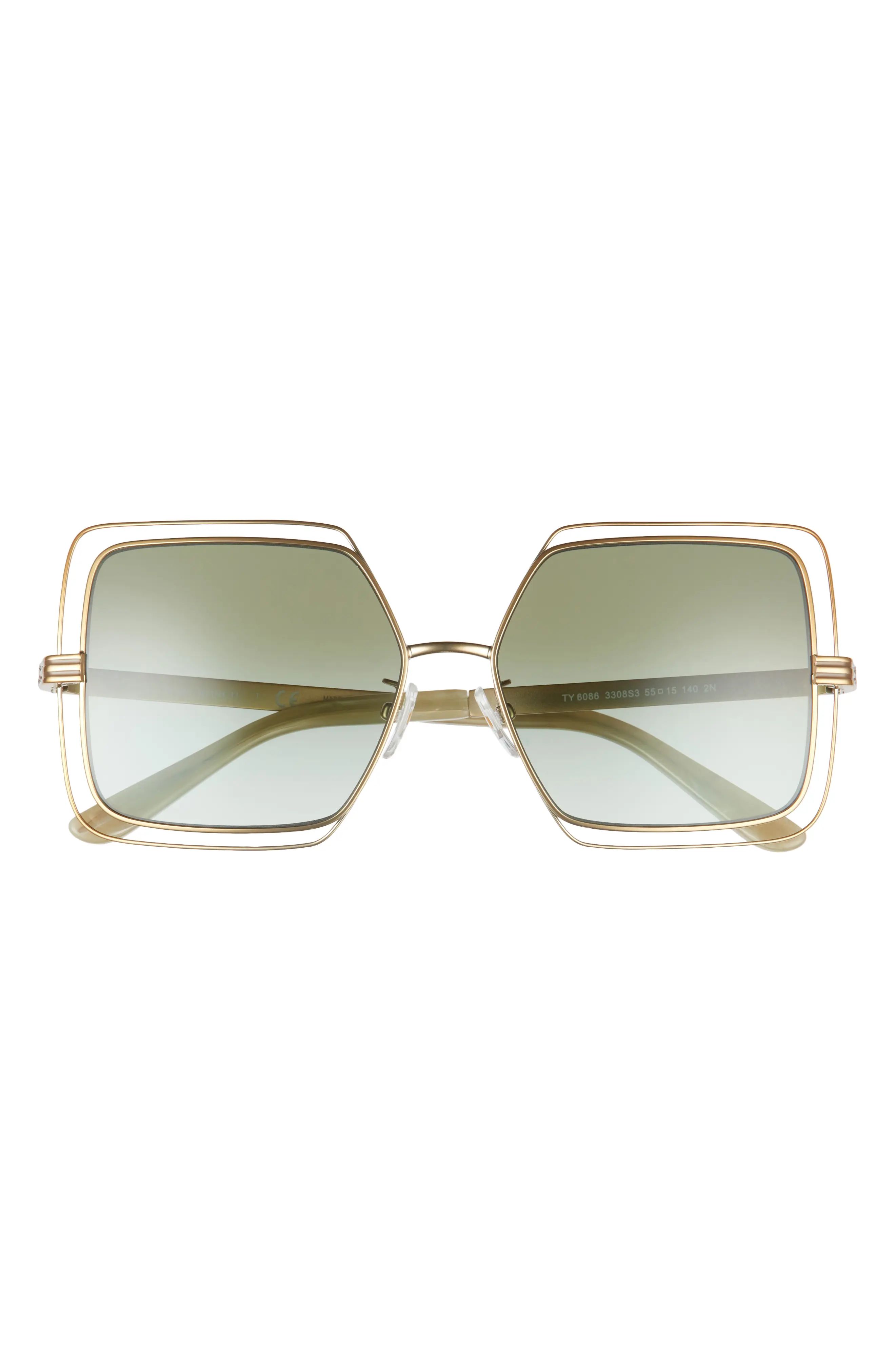 Tory Burch 55mm Gradient Square Sunglasses in Shiny Gold Dark Green at Nordstrom | Nordstrom