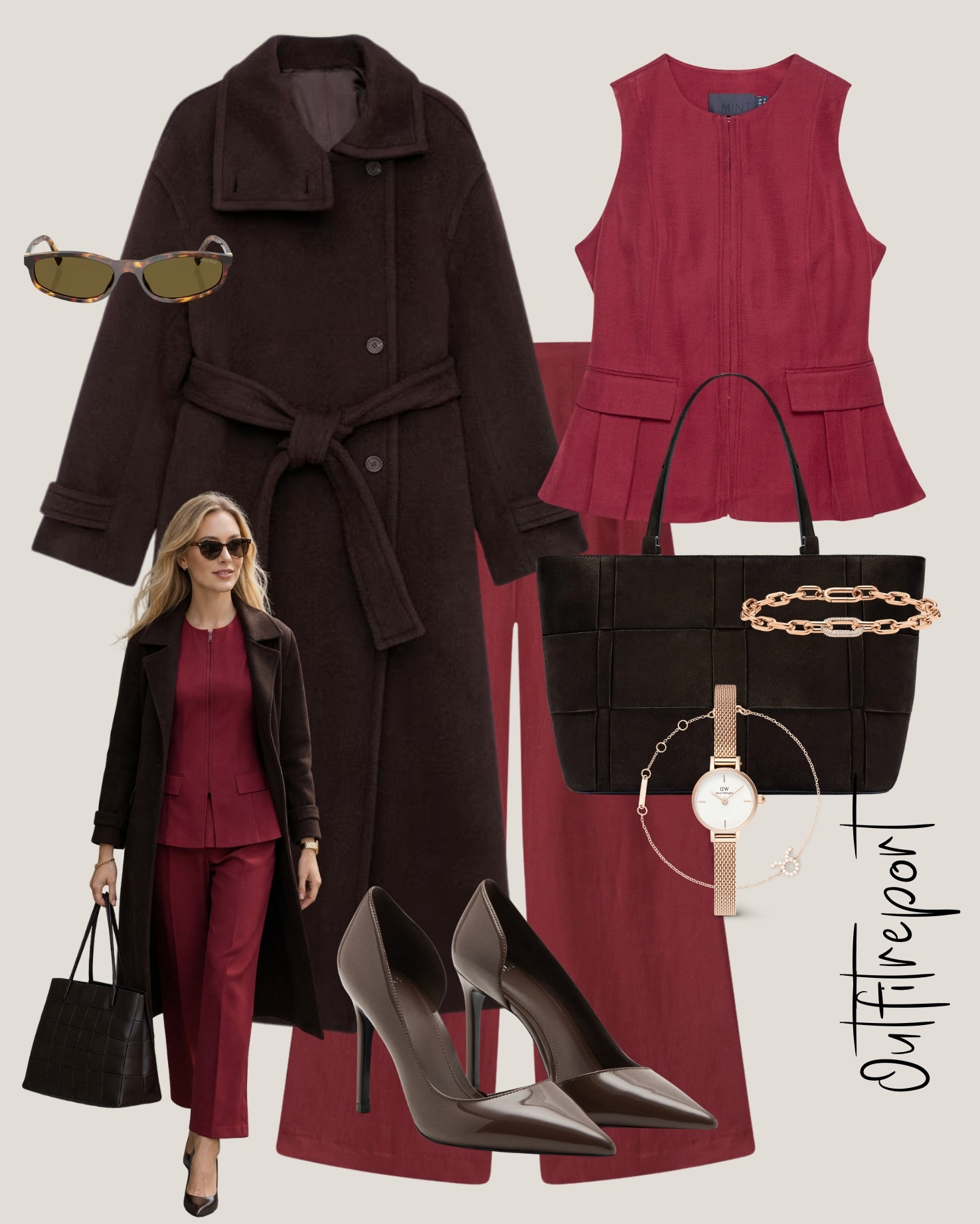 Red matching suit Brown coat and brown heels 

#LTKshoes #LTKspring #LTKworkwear