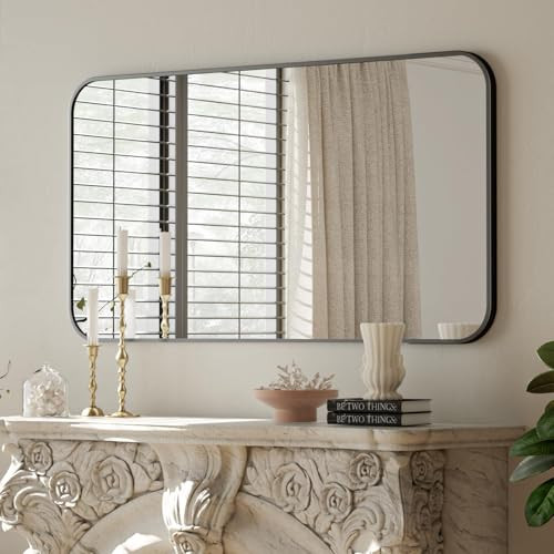 BEAUTYPEAK 30" x 48" Black Metal Frame Rectangle Vanity Mirror with Rounded Corners, Wall Mounted Bathroom Mirror for Farmhouse, Restroom, Entryway, Horizontal or Vertical Hanging | Amazon (US)