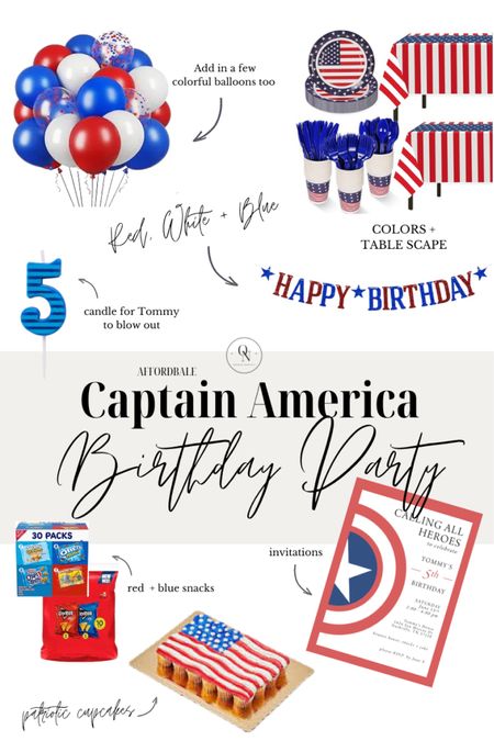 I love a theme and this year Tommy picked a Captain America birthday theme for his 5th birthday. Head to organize-Nashville.com for full details on everything you need to execute a partitic little kid party on a budget

Birthday banner
Red, white and blue balloons
Patriotic plates and napkins
Red and blue snacks
Patriotic number candle
Captain America paperless post invite

Kids party, affordable party, toddler birthday, simple party, birthday party planning  