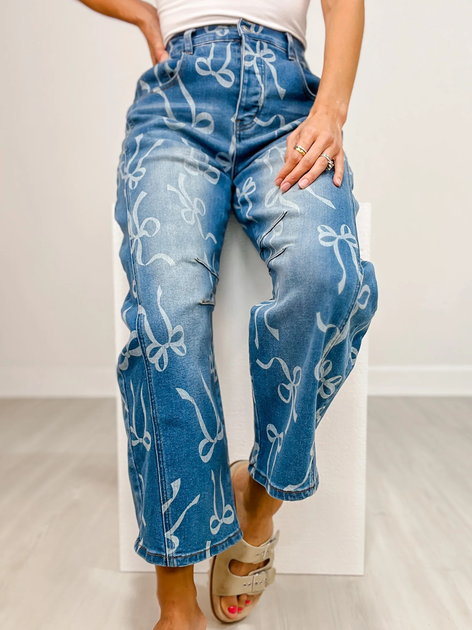 Bow Print Washed Barrel Denim Pants | Emma Lou's Boutique