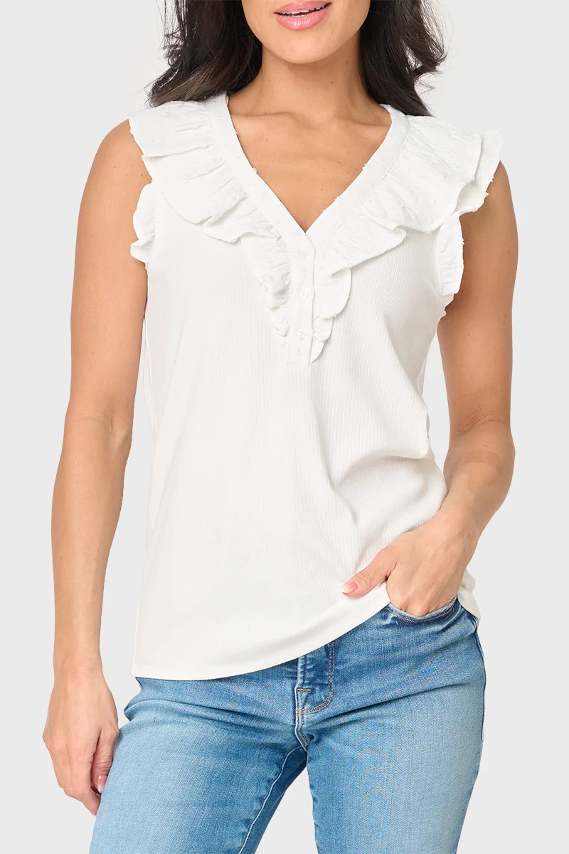 Ruffles For Days Mixed Media Henley Knit Top | Gibsonlook