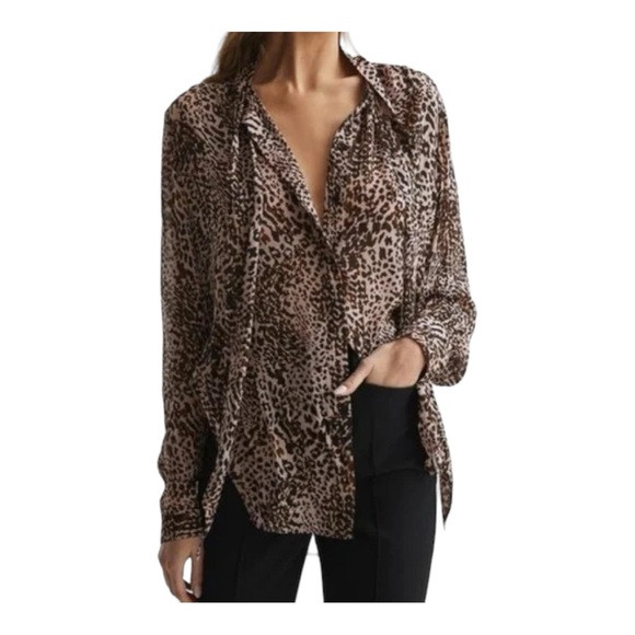 Reiss Tora Animal Print Neck Tie Blouse Black & Brown Size 12 | Poshmark