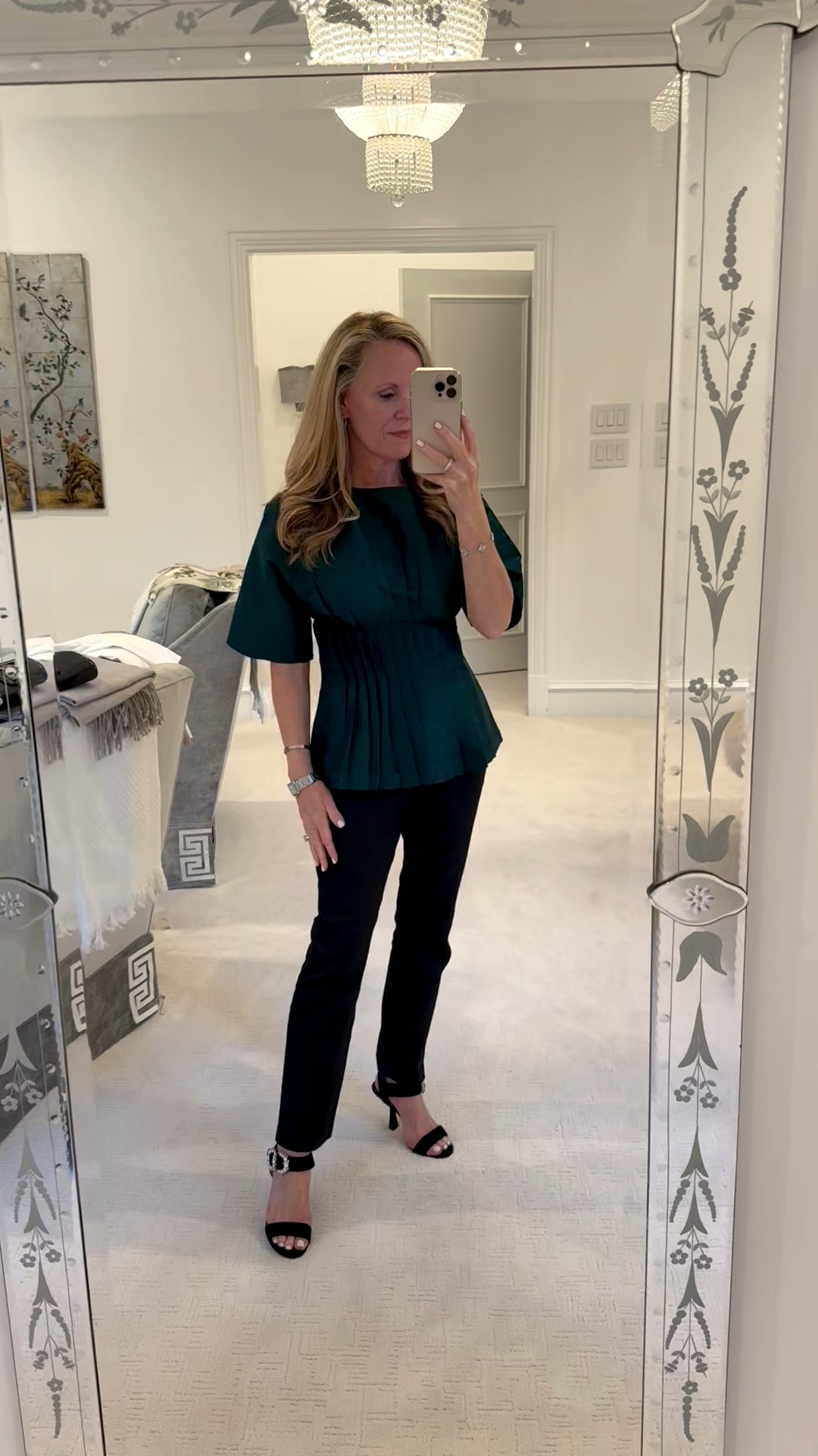 Julia Amory Christmas Eve outfit
Holiday Party outfit

Emerald green silk top
 size up in the top 
Waxed black pants from Tuckernuck 
size up in the pants 

#LTKootd #LTKHoliday #LTKOver40