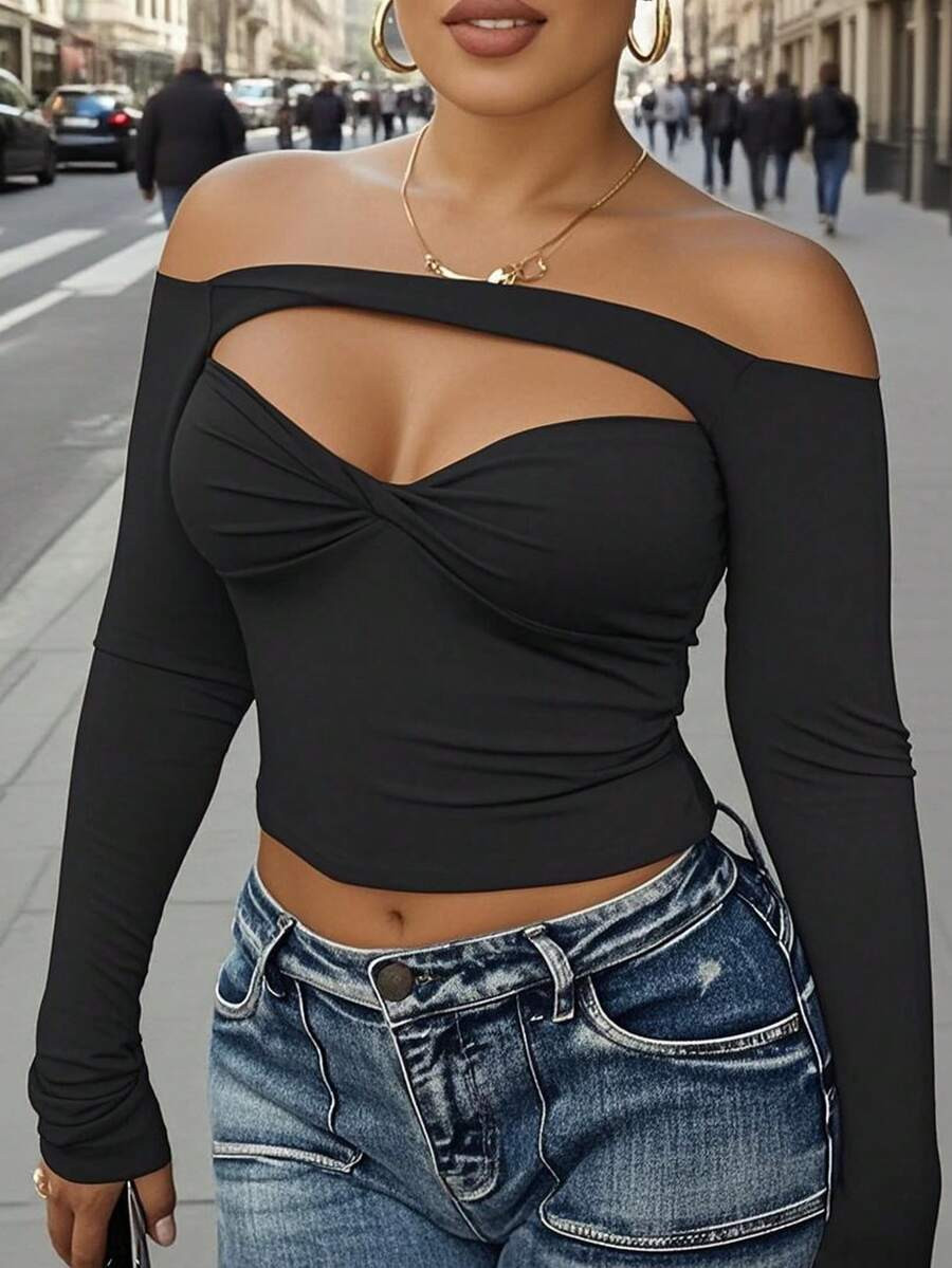 INAWLY Solid Color Fitted Sexy Cutout Off Shoulder Long Sleeve Plus Size Women Tops Fall Cloth Fo... | SHEIN
