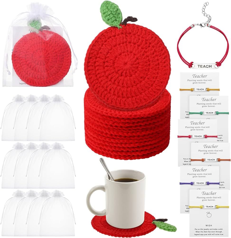12 Pack Crochet Apple Coasters Set,Teach Blessing Card Bracelets Red Knitted Cup Mat with Stem Le... | Amazon (US)