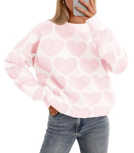 Saodimallsu Womens Heart Sweaters Valentines Fuzzy Knit Crewneck Cute Loose Sweaters Pink | Amazon (US)
