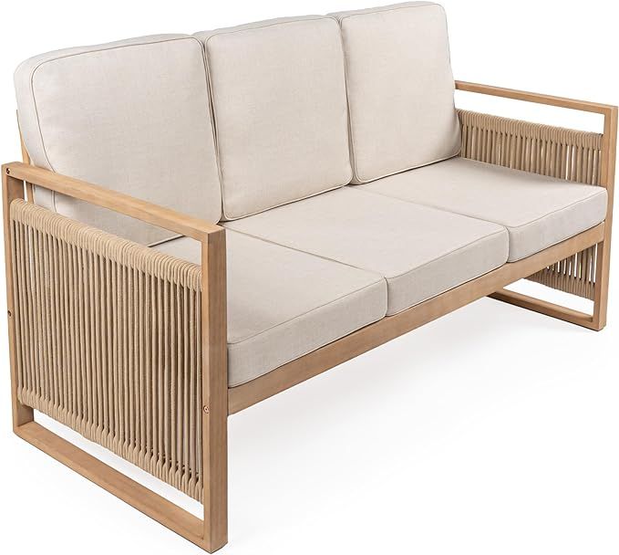 JONATHAN Y SFB1002A Gable 3-Seat Mid-Century Modern Roped Acacia Wood Outdoor Sofa with Cushions ... | Amazon (US)