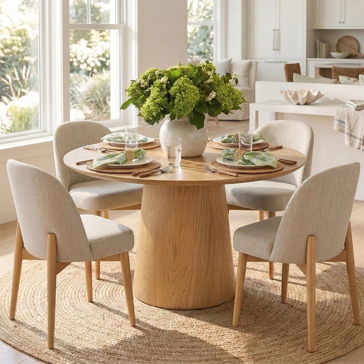 5-Piece Oak Veneer Dining Set with 42" Round Table & 4 Linen Chairs | Wayfair North America