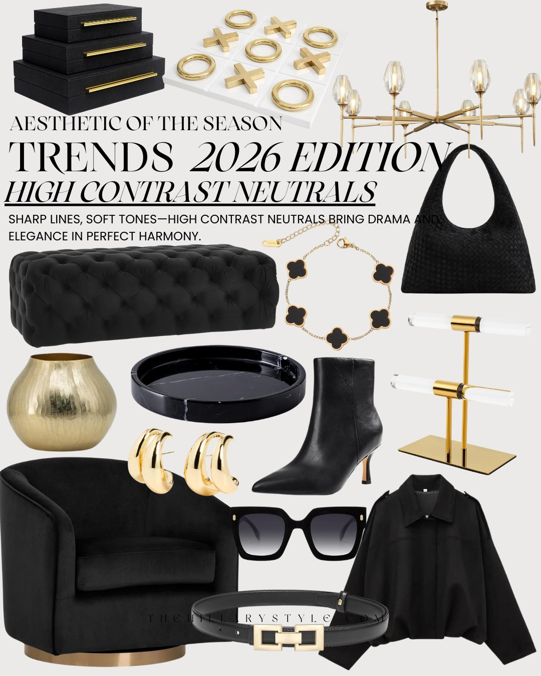 AESTHETIC OF THE SEASON — HIGH CONTRAST NEUTRALS (2026 EDITION)! High contrast neutrals are defining 2026. Crisp black accents, warm brass finishes, and soft neutral layers come together to create spaces and outfits that feel bold yet timeless. This edit blends fashion and home finds that add depth, drama, and quiet luxury without feeling overdone. Clean lines, sculptural details, and elevated essentials that instantly make everything feel more intentional.

#Amazon #TheHillaryStyle #HighContrastNeutrals #2026Trends #ModernLuxury #NeutralStyle #QuietLuxury #TimelessDesign #ElevatedLiving 

 #LTKOver40 #LTKFindsUnder50 #LTKFindsUnder100