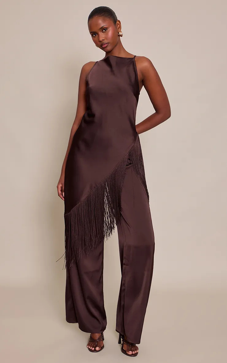 Deep Chocolate Satin Fringe Detail Jumpsuit | PrettyLittleThing US