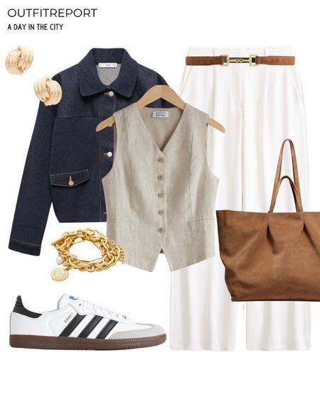 Cropped jacket denim adidas sneakers trainers brown tote handbag white trousers and vest top 

#LTKshoecrush #LTKitbag #LTKstyletip