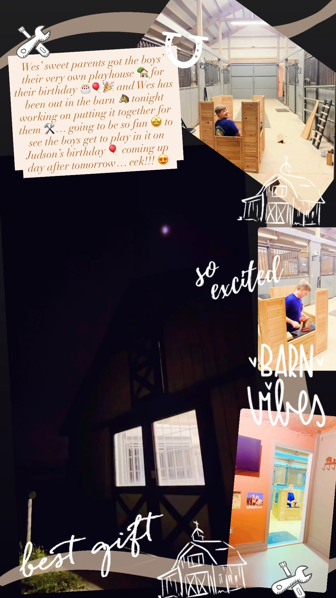 Wes’ sweet parents got the boys’ their very own playhouse 🏡 for their birthday 🎂🎈🎉 and Wes has been out in the barn 🐴 tonight working on putting it together for them 🛠️… going to be so fun 🤩 to see the boys get to play in it on Judson’s birthday 🎈 coming up day after tomorrow… eek!!! 😍