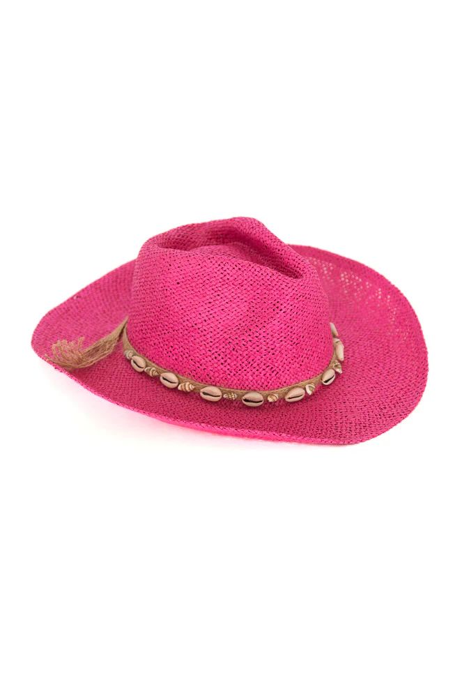 Fushcia Cowgirl Beach Hat with Shells | Pink Lily