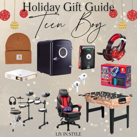 Amazon gifts for your teen boy! Beanie hat, mini fridge, wallet, gaming headphones and chair, Nintendo Switch, pocket projector, electric drum set, multi game table, AirPods. #teenboy

#LTKHoliday #LTKkids #LTKGiftGuide