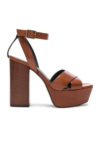Saint Laurent Leather Farrah Cross Strap Platform Sandals in Caramel | FWRD 