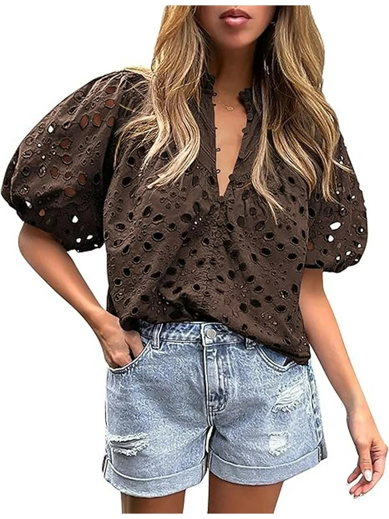 PRETTYGARDEN Women's Summer Tops Dressy Casual Short Lantern Sleeve V Neck Buttons Hollow Out Lac... | Walmart (US)