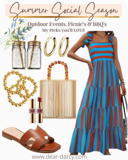 Summer Social Season
Outfit ideas
Summer dress styling and cute fire The ❤️🤍💙 Holidays 

Memorial Day, 4th of July 
Bbqs, picnics, garden parties etc. 

Amazon find… this darling maxi dress

Steve Madden slides
Gold bead lisi lurch  bangles 
Gold hoops 
Ysl lip stick  
Gold 
Mason jar drinking cups make a great hostess gift🎁



#LTKFindsUnder100 #LTKFindsUnder50 #LTKStyleTip