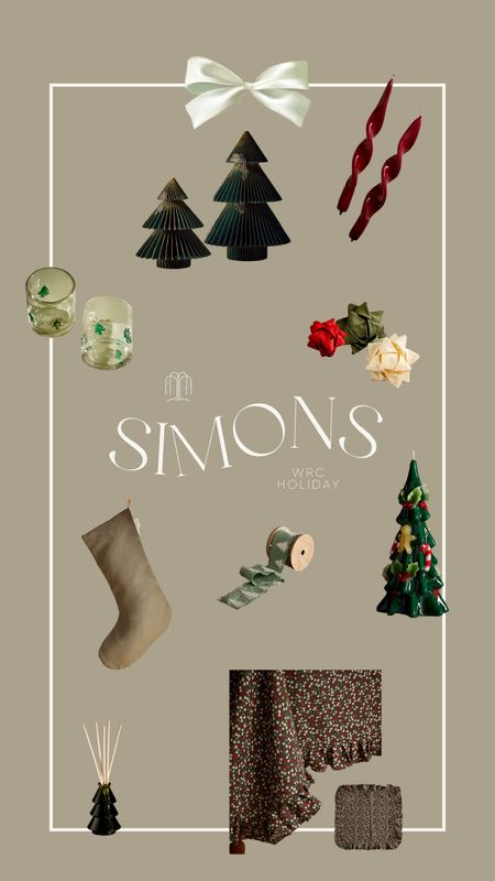 The best holiday finds from Simons. Festive tablecloth and napkin set, olive green stocking, reusable bows, tapered candles, Christmas tree candle, Christmas glassware

#LTKSeasonal #LTKHolidaySale #LTKHoliday