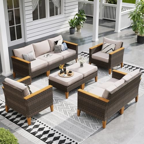 Sophia & William Wicker Patio Furniture Set, Outdoor Rattan Sectional Sofa 9 Piece Patio Conversation Set with 4 x Corner Sofa, 2 x Single Chairs, 1 x Armless Couch, 2 x Ottoman for Deck, Backyard | Amazon (US)