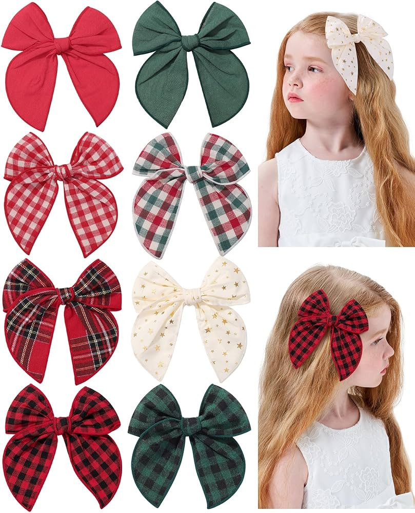 Doboi 8PCS Baby Girls Hair Clips Large Christmas Fable Hair Bows Cotton Linen Bows for Girls Ging... | Amazon (US)