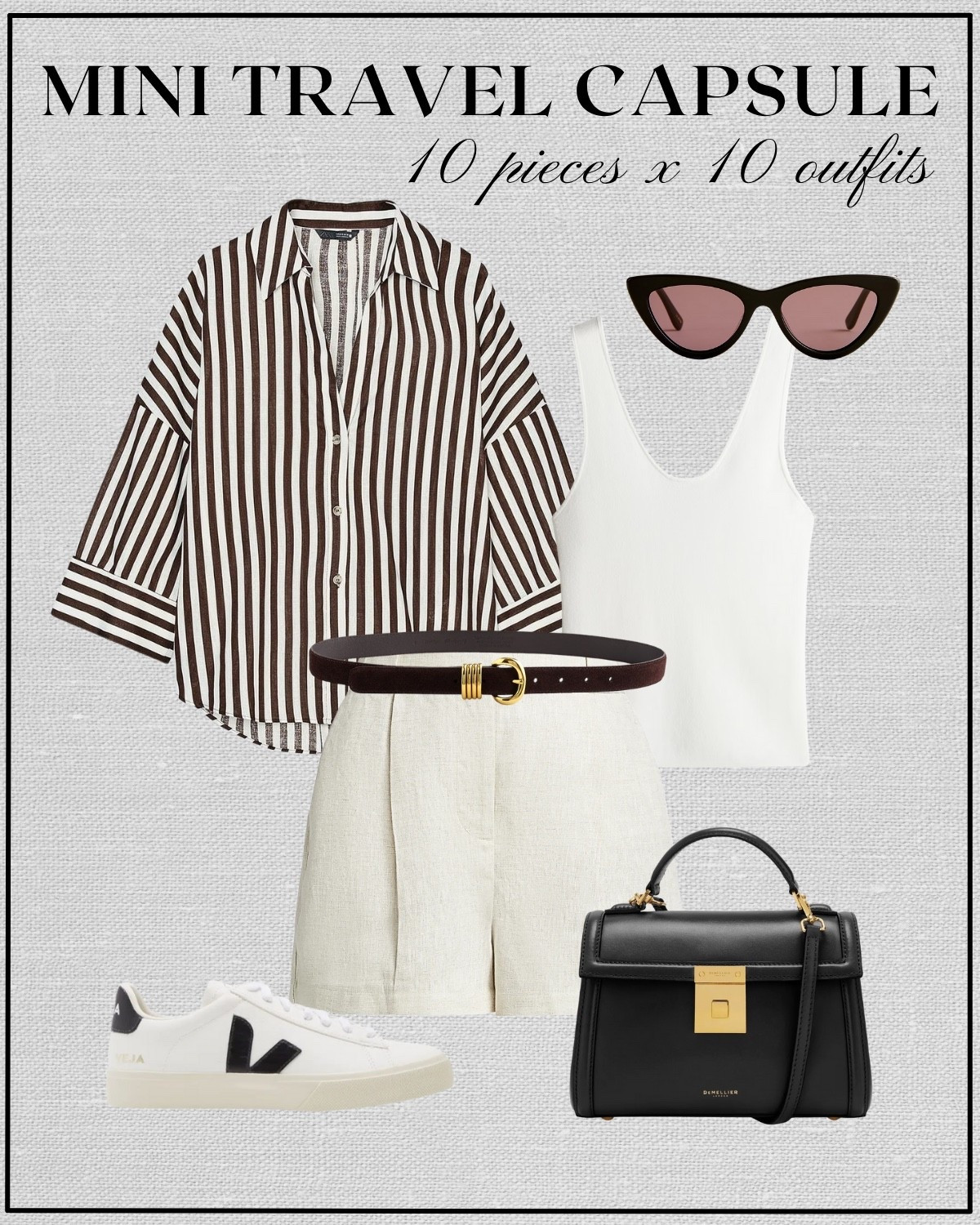 10x10 mini travel capsule: Paris edition 

Oversized striped button up / linen shorts / white cami / sneakers / Demellier purse / belt / sunglasses / France / Europe outfit / elevated and minimal style 

#LTKStyleTip #LTKTravel