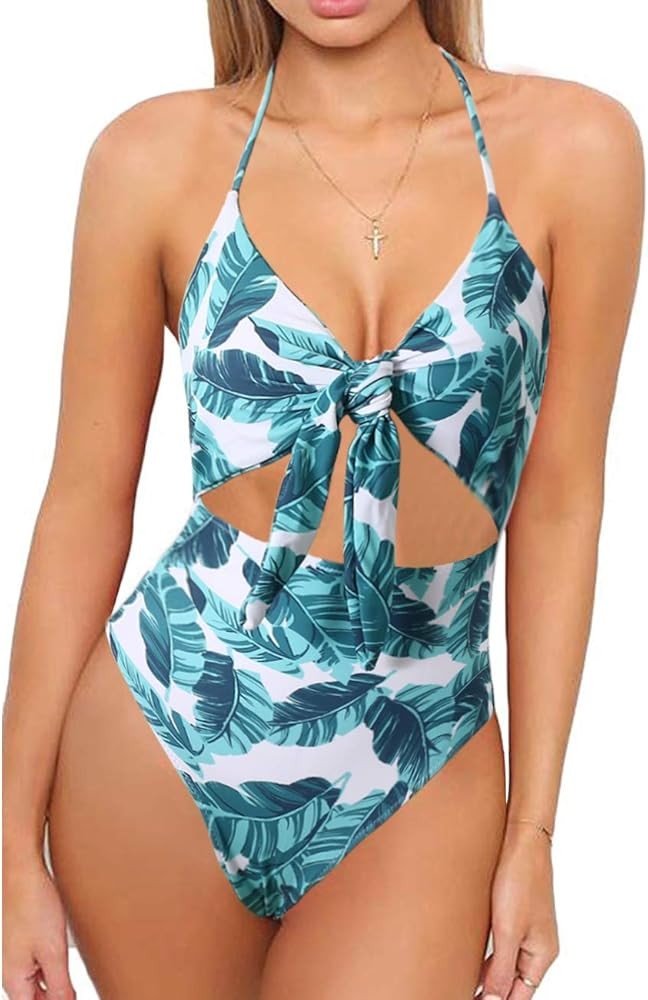Women One Piece Swimsuit High Waisted Bathing Suits Front Tie Cutout High Cut Swimwear Bikini | Amazon (US)