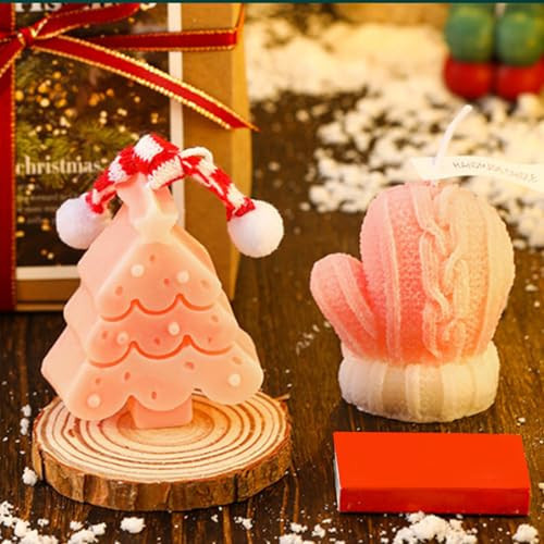 2PCS Cute Christmas Candle for Women, Men Red White Green Pink Snowflake Winter Gloves Christmas Tree Shaped Soy Wax Candle for Christmas Eve Party Home Table Decoration (Pink) | Amazon (US)