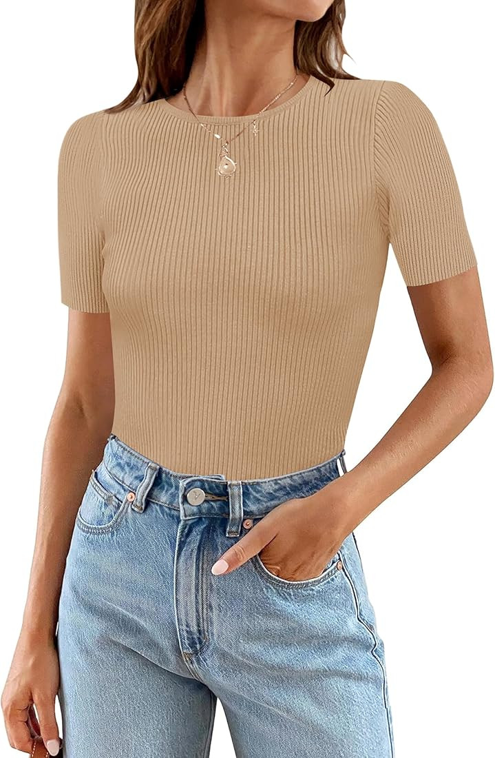 MEROKEETY Women's Short Sleeve Ribbed Bodysuits 2024 Summer Crewneck Basic Knit Body Suit | Amazon (US)