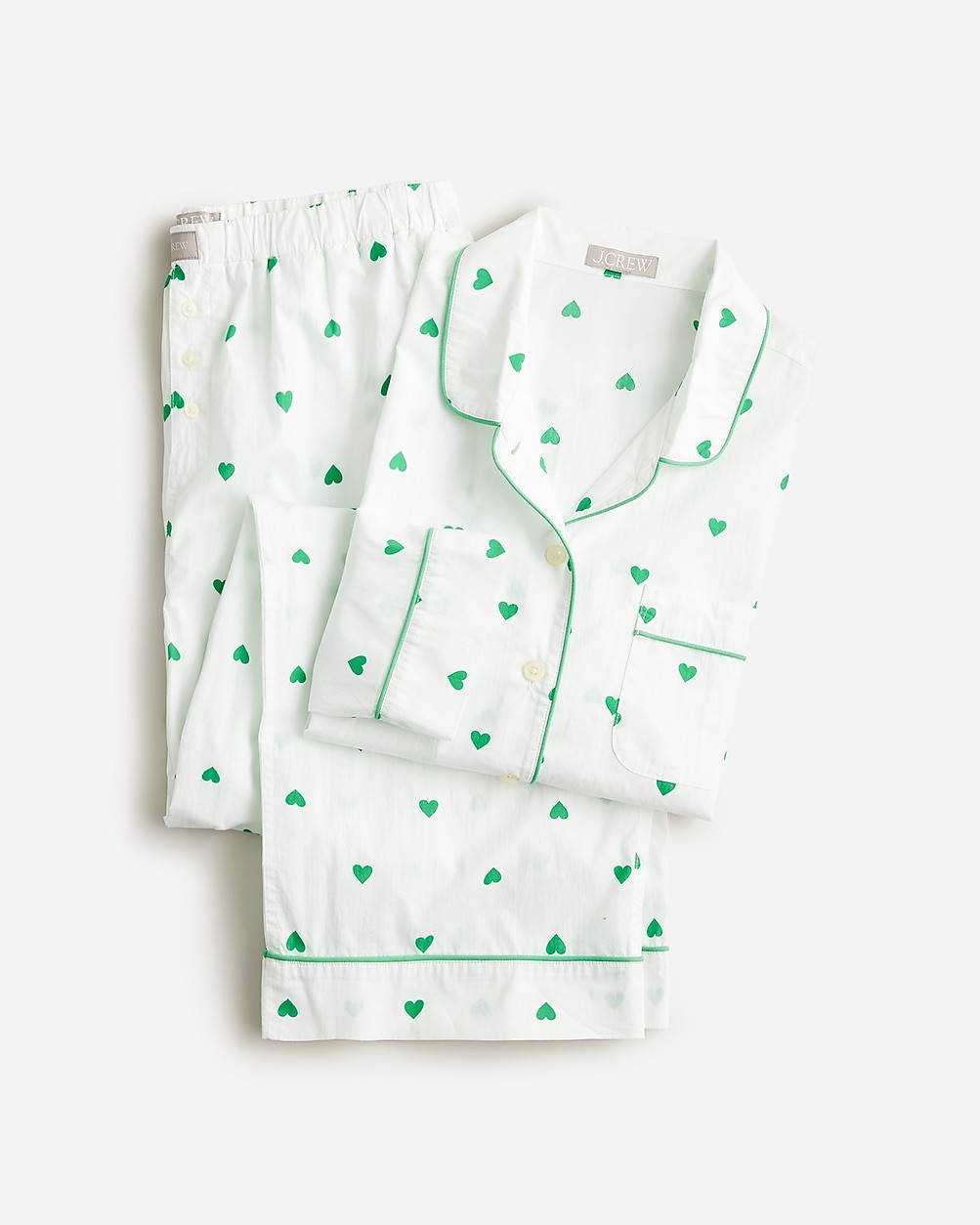 Long-sleeve cropped cotton poplin pajama pant set in green heart print | J. Crew US