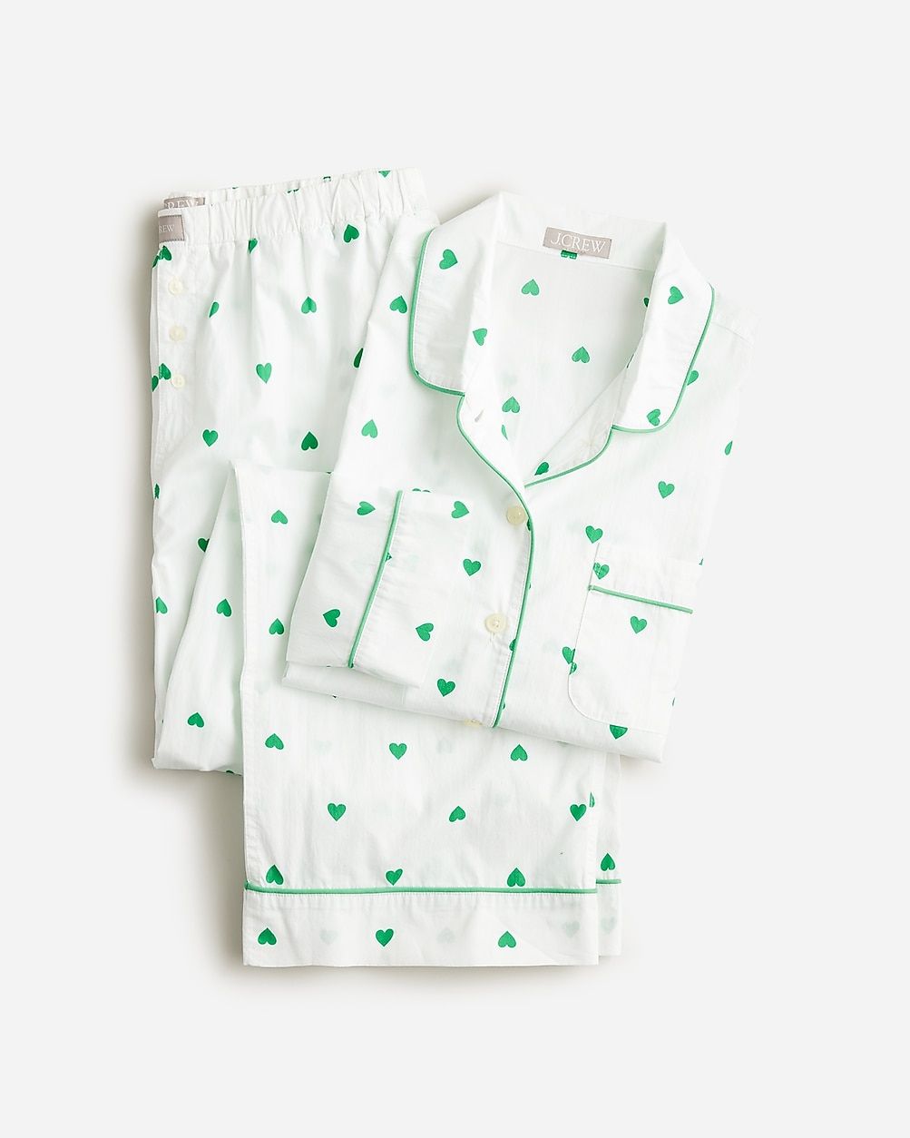 Long-sleeve cropped cotton poplin pajama pant set in green heart print | J.Crew US