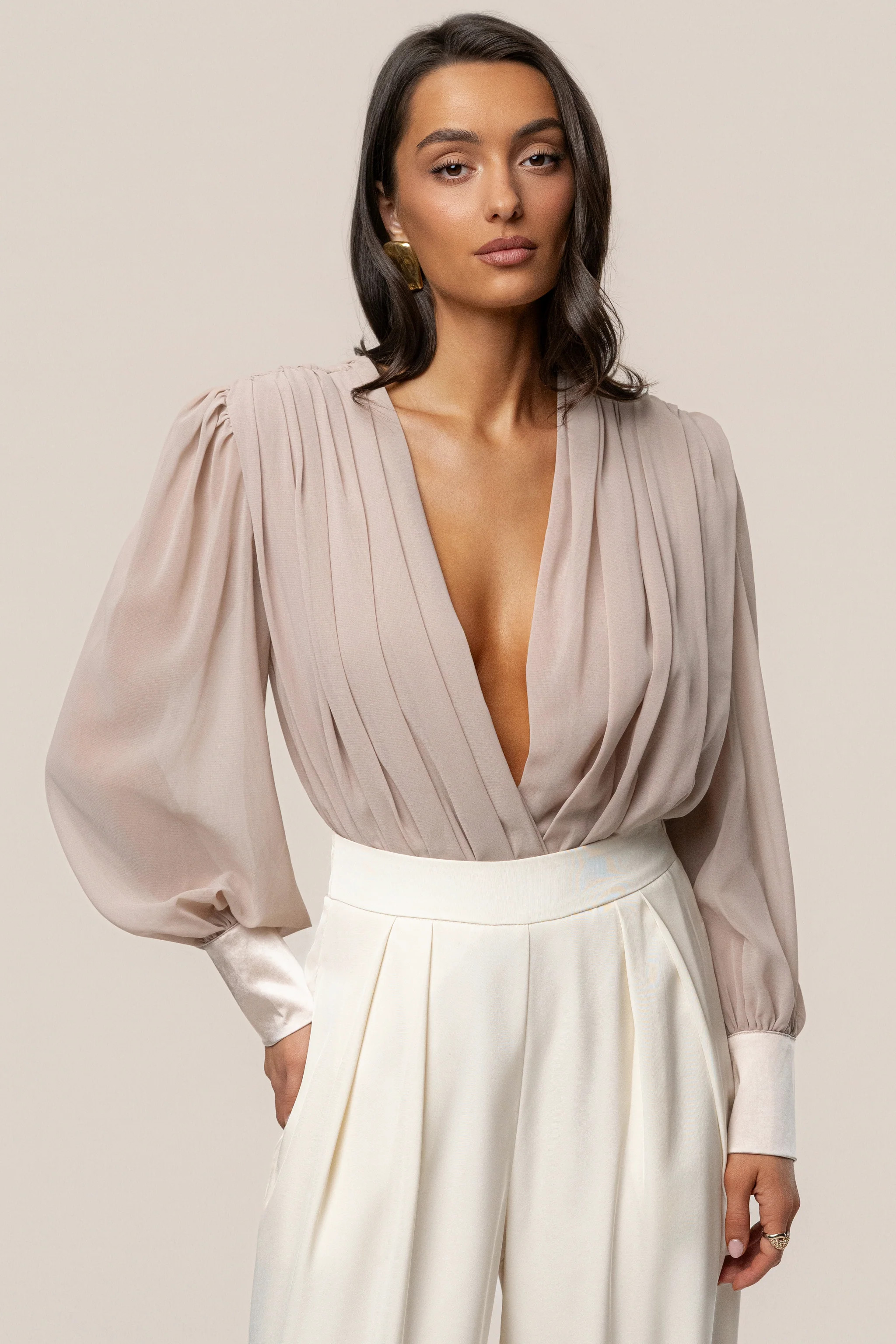 Beige Refined Pleated Chiffon Top | JLUXLABEL