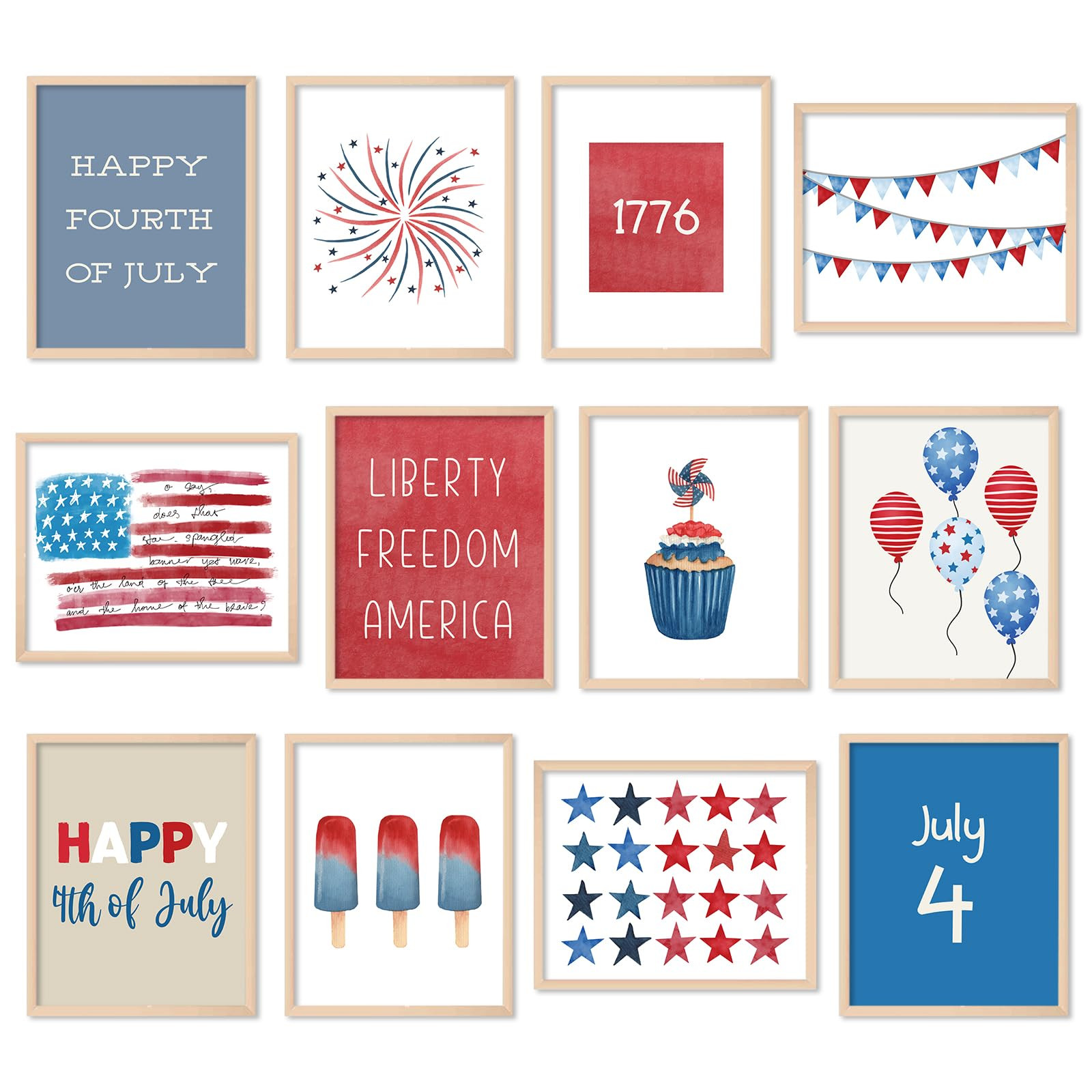 JarThenaAMCS 12Pcs 4th of July Wall Art Prints Watercolor Patriotic Wall Decor Red Blue White Sta... | Amazon (US)