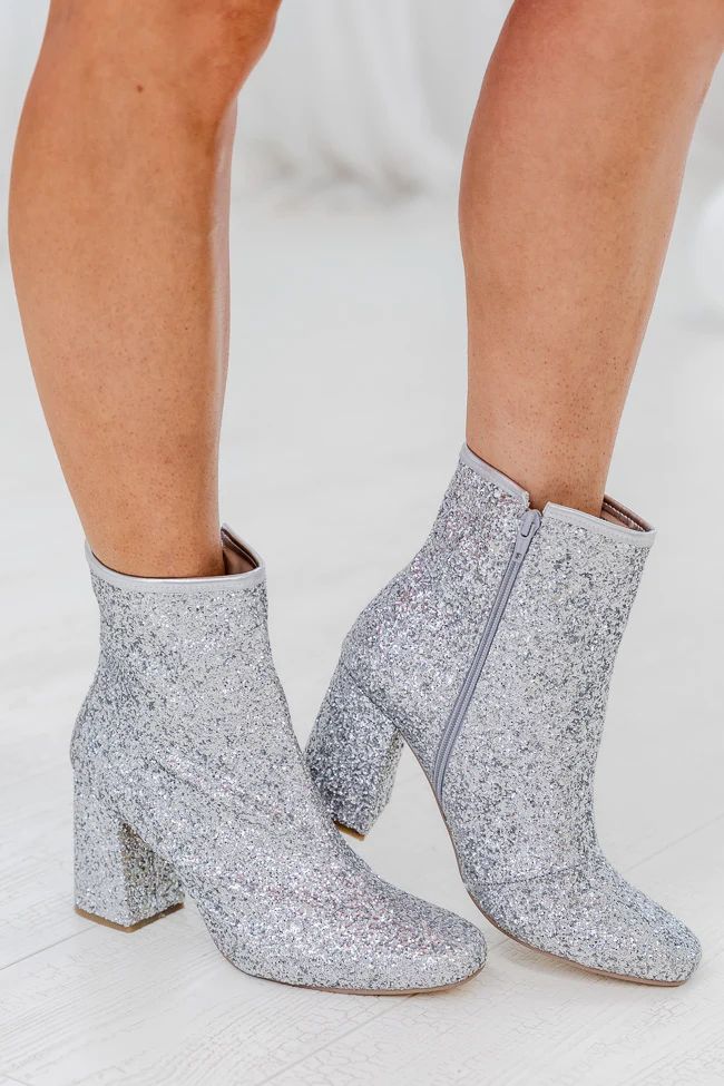 Allison Silver Glitter Chunky Heel Booties | Pink Lily
