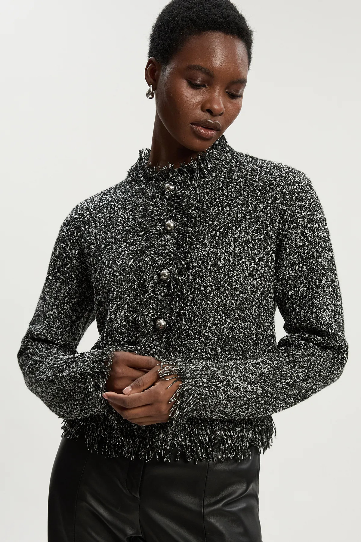 Tweed Yarn Fringe Detail Knitted Cardi | Karen Millen UK + IE + DE + NL